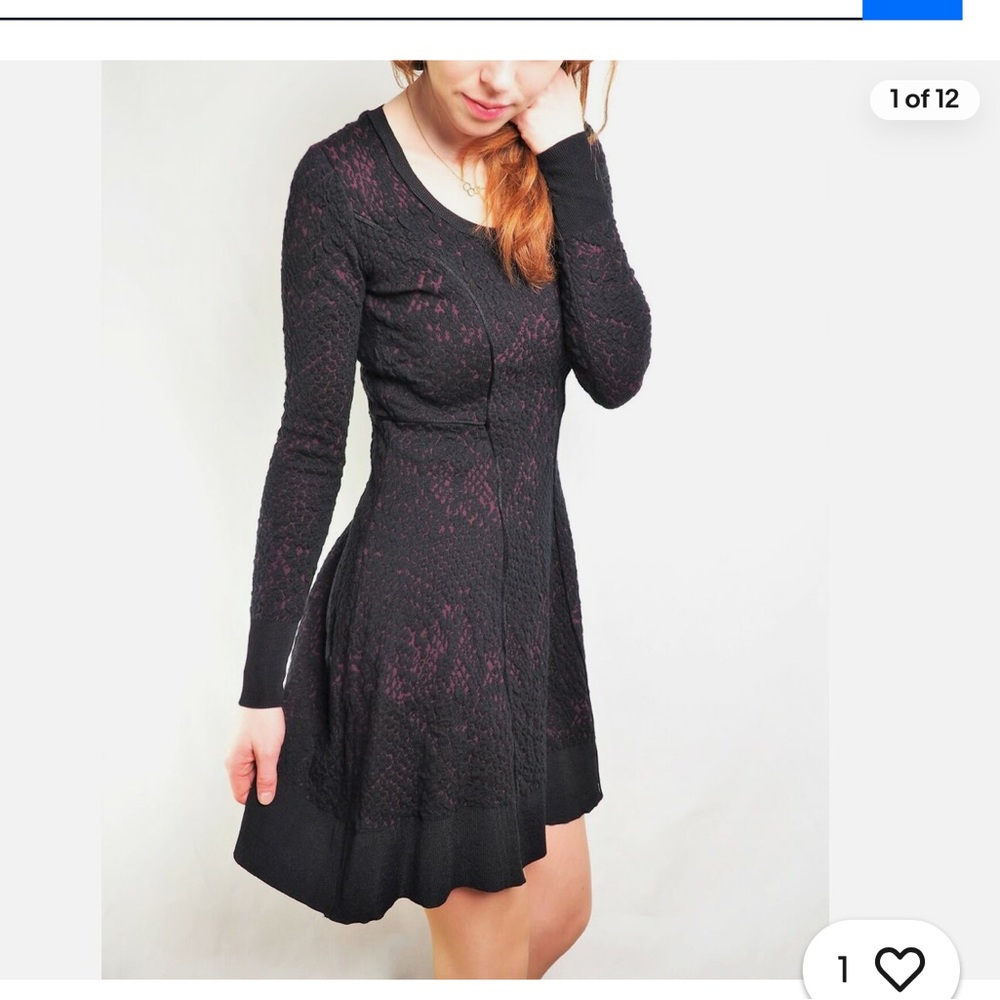 Simply Vera  Midnight Blue  Long Sleeves Textured Knit Fit and Flare Dress  Med